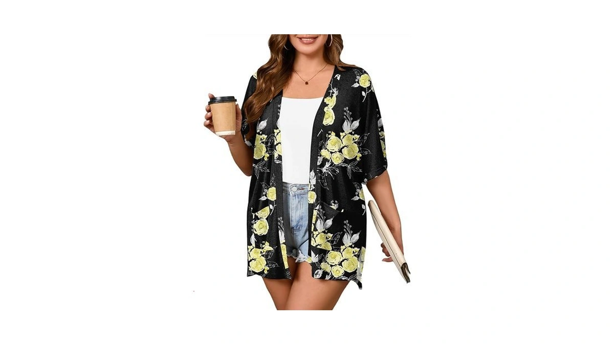 Auslook Plus Size Printed Cardigan For Women 1x Short Sleeve