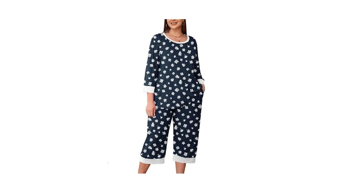 Auslook Women’s Plus Size Pajama Sets Floral 3/4 Sleeve Nightwear