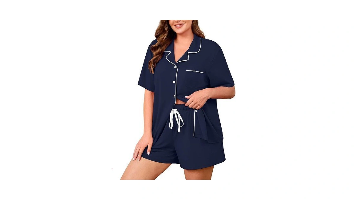 Auslook Plus Size Navy Blue Pajama Set For Women Short