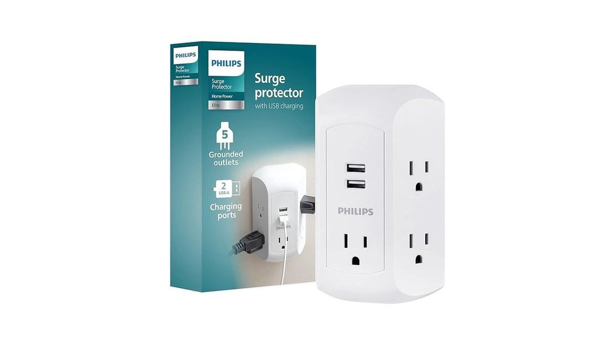 Philips 5-outlet Extender, Grounded Wall Tap, 3-prong, 2 Usb-a, Surge