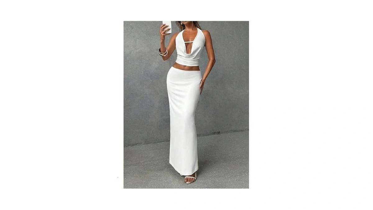 Oyoangle Women's 2 Piece Skirt Set Cowl Neck Sleeveless Halter