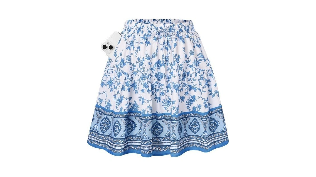 Kate Kasin Women's Boho Mini Skort With Pockets, Blue Floral