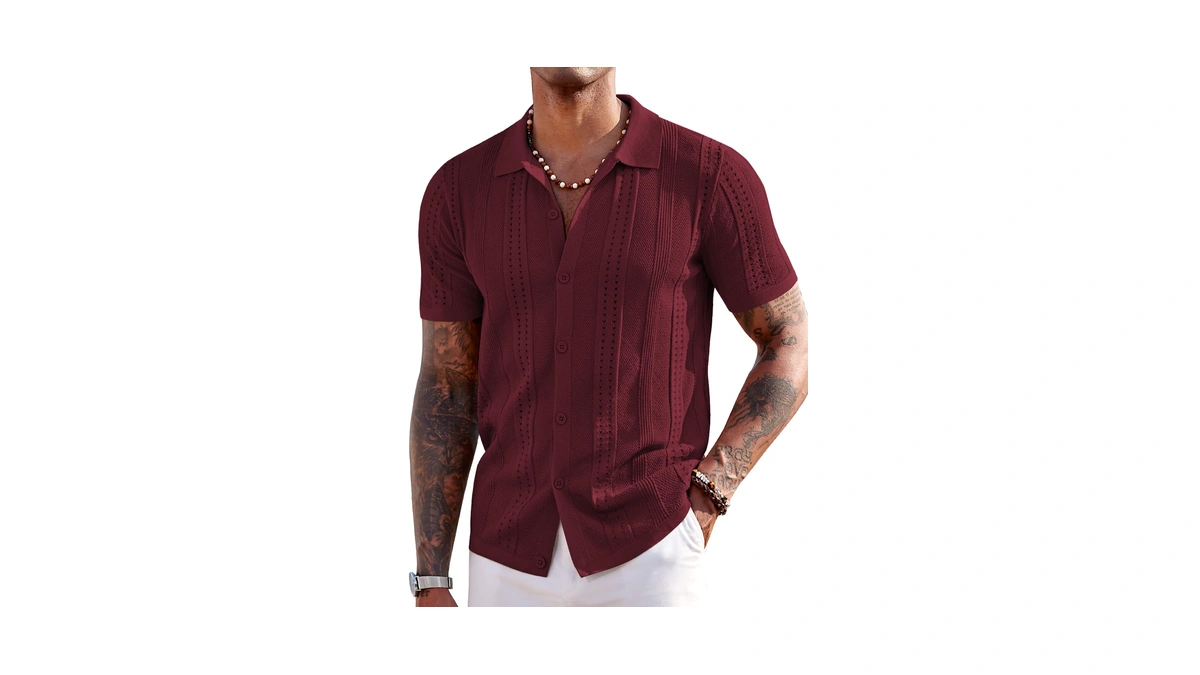 Coofandy Men's Beach Button Up Shirt Short Sleeve Knit Shirts