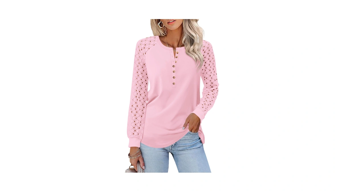 Minetom Women's Lace Long Sleeve Tops Henley Shirts Casual Blouses