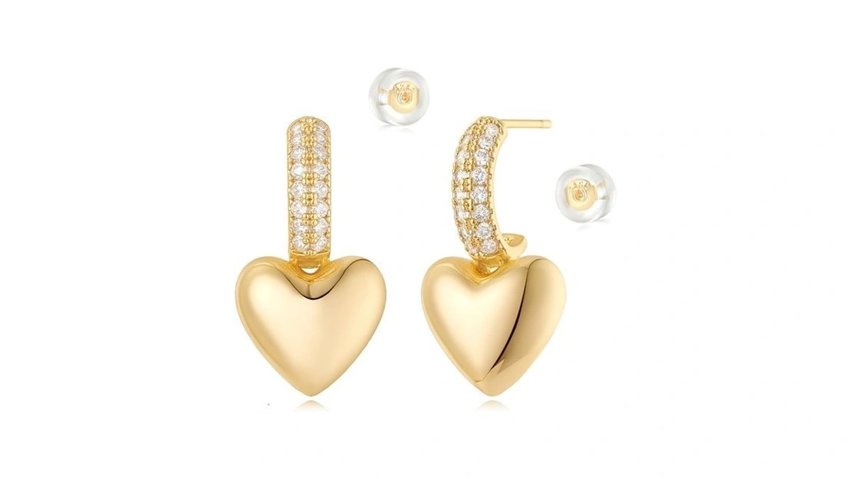 Myears Women Heart Hoop Earrings Gold Cubic Zirconia 14k Small