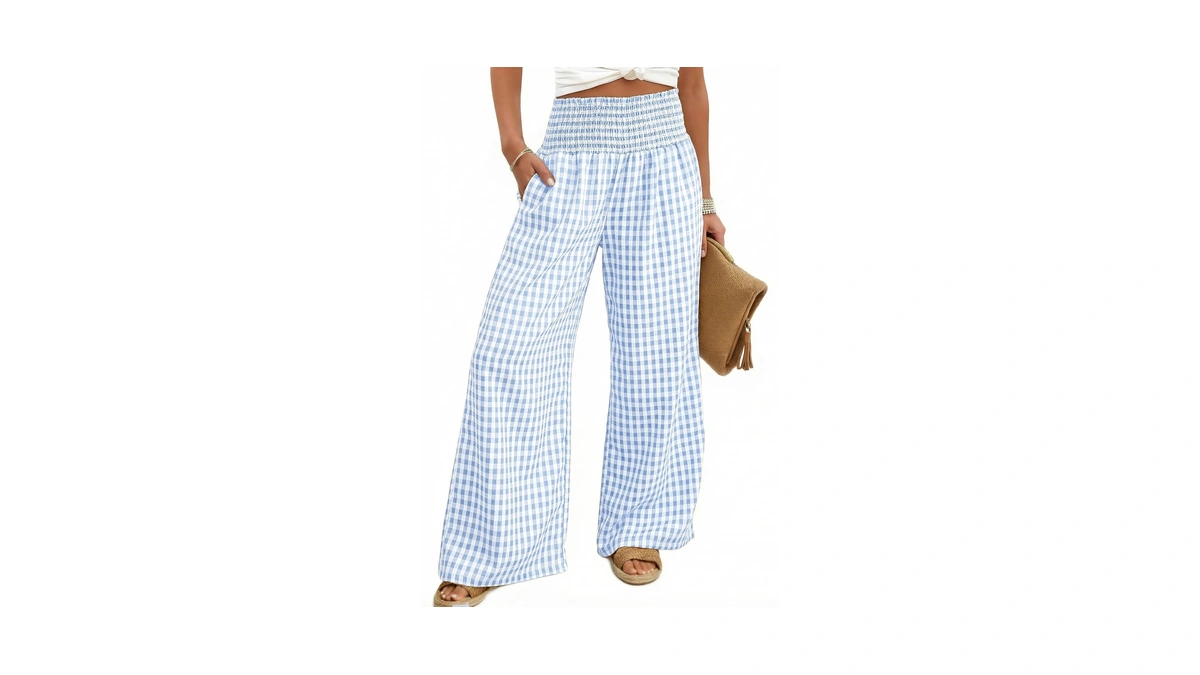 Dokotoo Women's Summer Gingham Plaid Casual Wide Leg Striped Pants