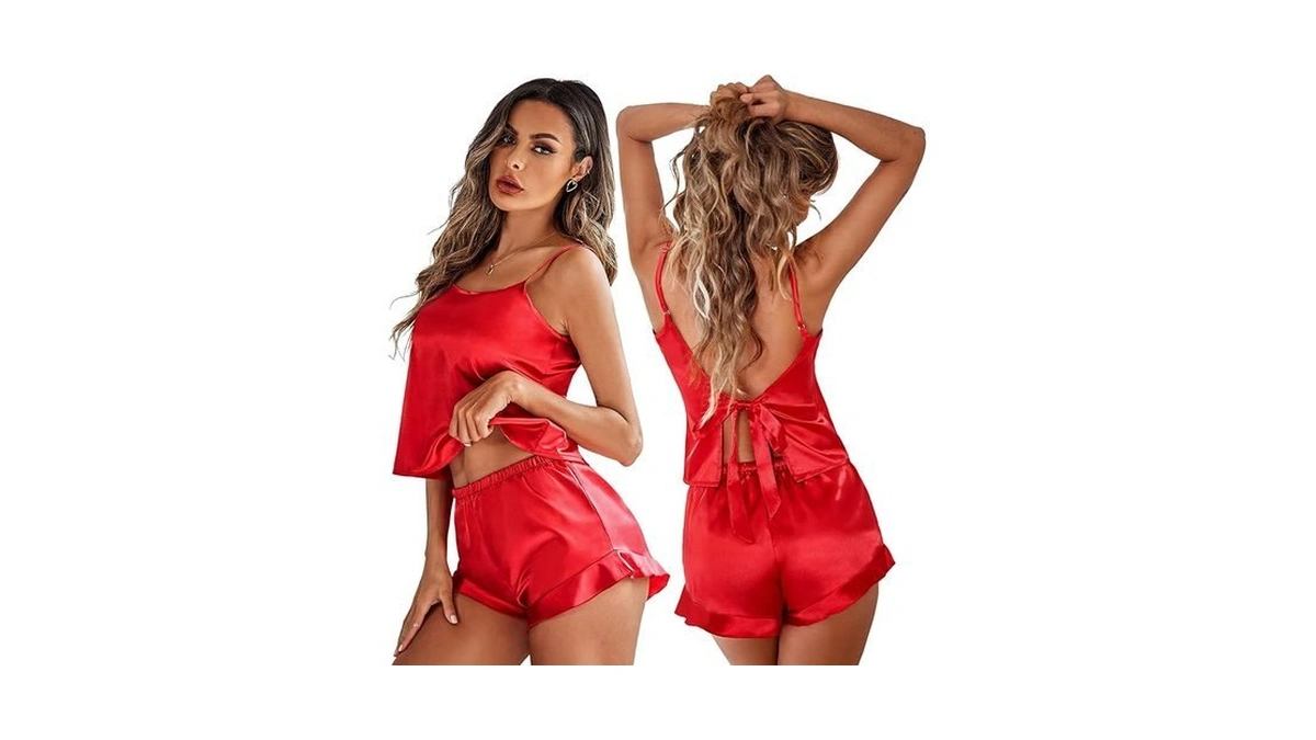 Ekouaer Satin Backless Bow Ties Pajama Set For Women Silk
