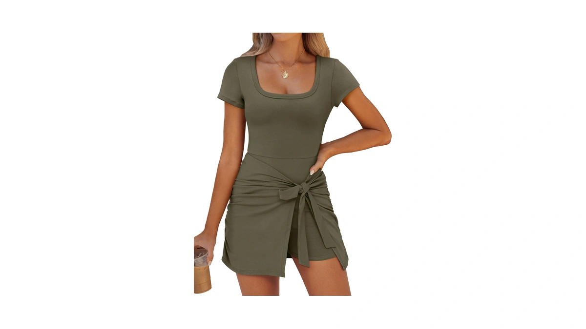 Caracilia Women Summer Short Sleeve Square Neck Bodycon Tie Cinched