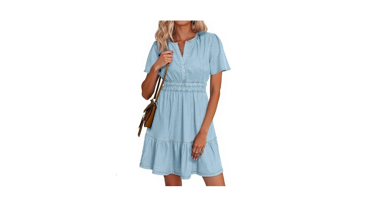 Simplee Womens Summer Denim Dress Casual Short Sleeve Tiered Mini