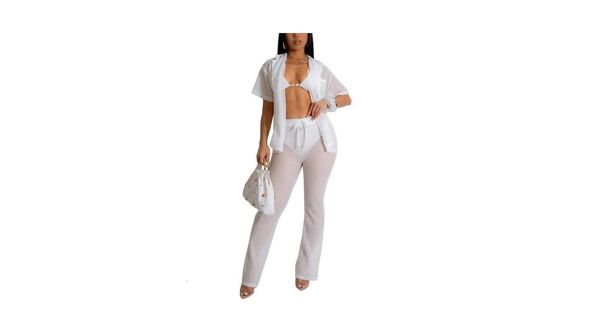 Rommoon Women's Fashionable 2-piece Beach Ensemble-hollow Out Button Top And