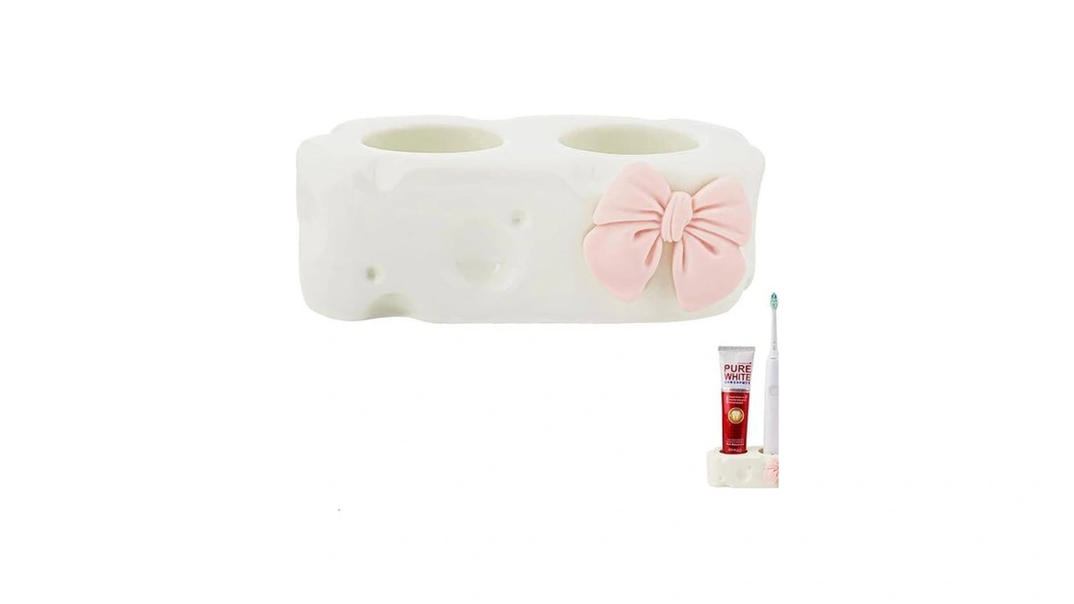 Biiange Bow Toothbrush Holder, Cute Ceramic Toothpaste Organizer, Bathroom Countertop