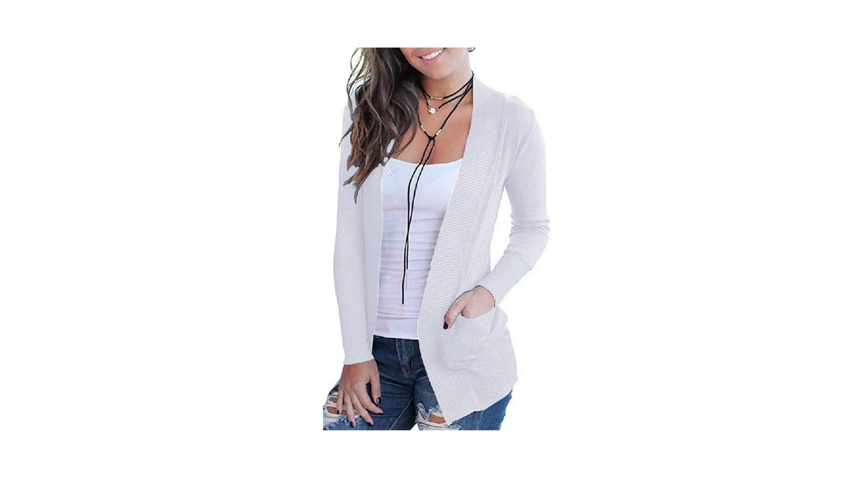 Voianlimo Womens Classic Open Front Long Sleeve Knit White Cardigan