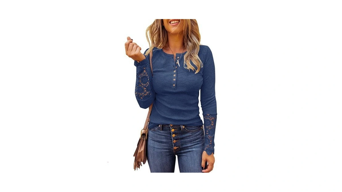 Limerose Women's Long Sleeve Lace Trim Tunic Tops Button Down