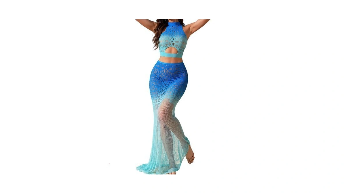 Encanova Summer Beach Outfit For Women, 2 Pcs Gradient Blue