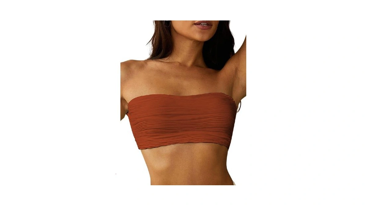 Zaful Women Textured Bandeau Bikini Top Lace Up Strapless Swimsuit