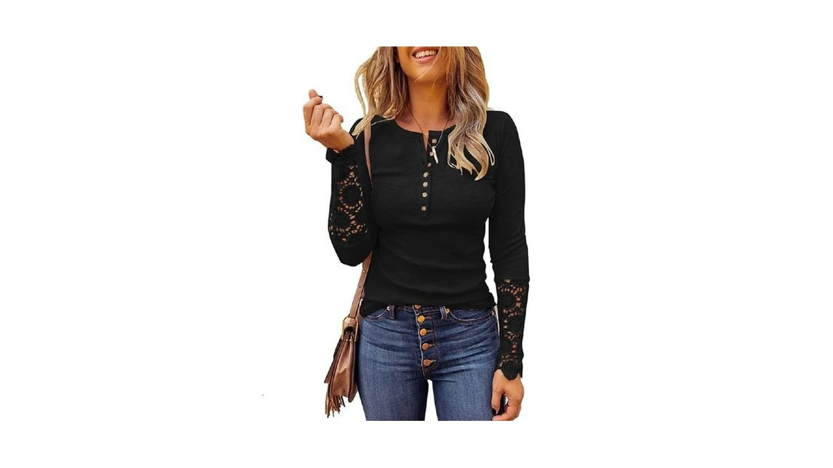 Limerose Women's Long Sleeve Lace Trim Tunic Tops Button Down