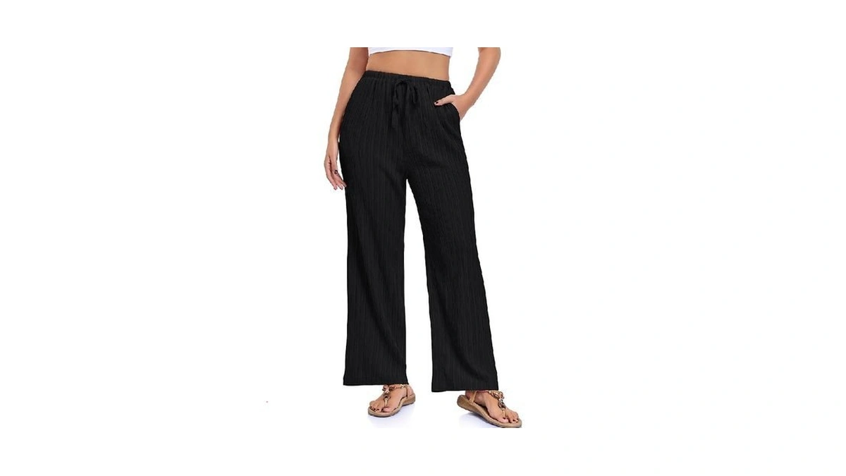 Fokuoie Women's Wide Leg Beach Pants Elastic Waist Lightweight Casual