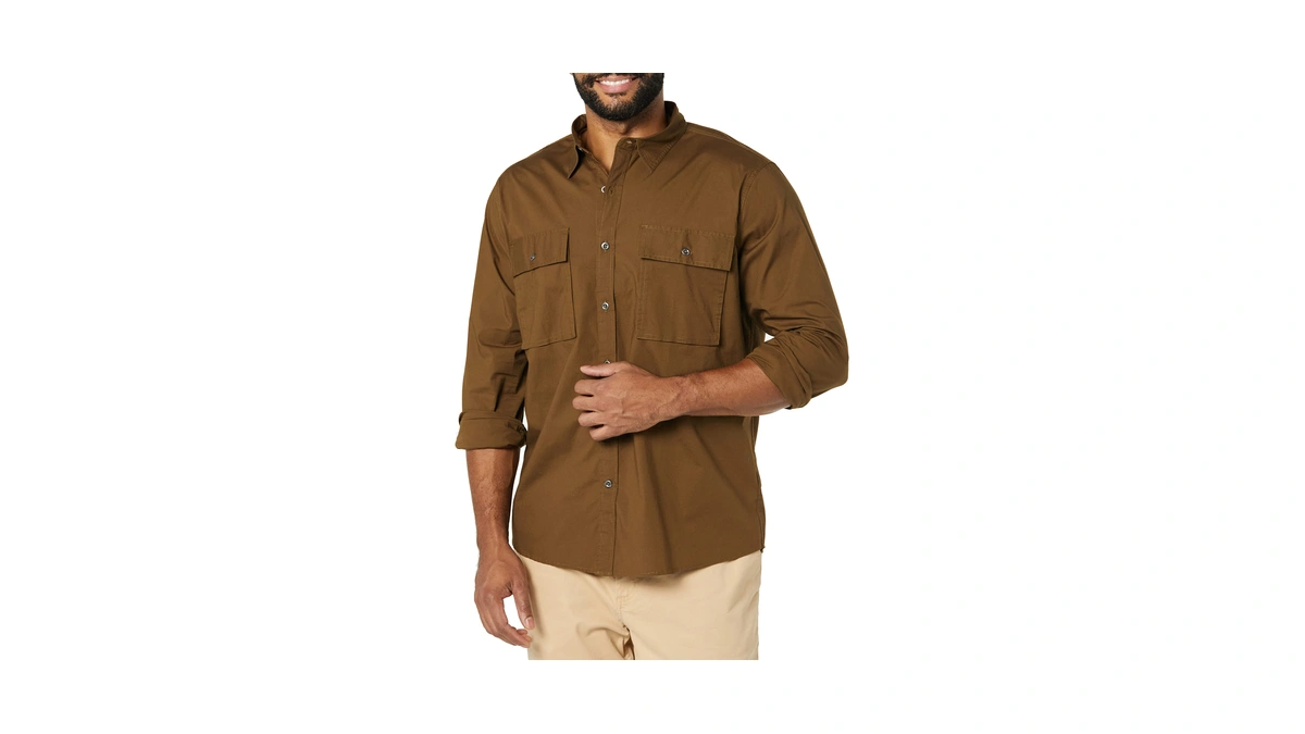 Amazon Essentials Men's Standard-fit Long-sleeve Two-pocket Utility Shirt, Dark Olive,