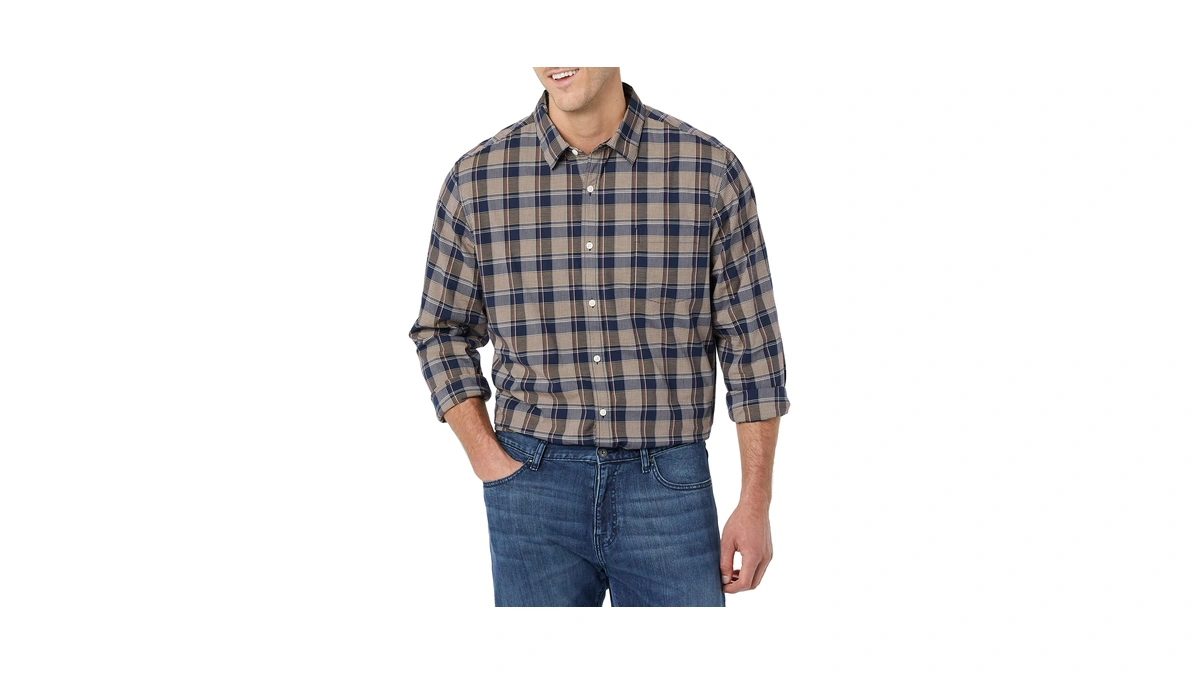 Amazon Essentials Men's Long-sleeve Regular-fit Stretch Poplin Shirt Shirt, -gold/navy,