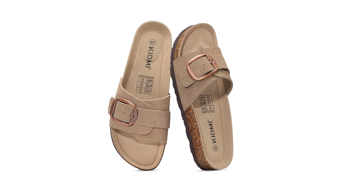 Kidmi Genuine Suede Cork Footbed Sandals For Women Comfortable Summer