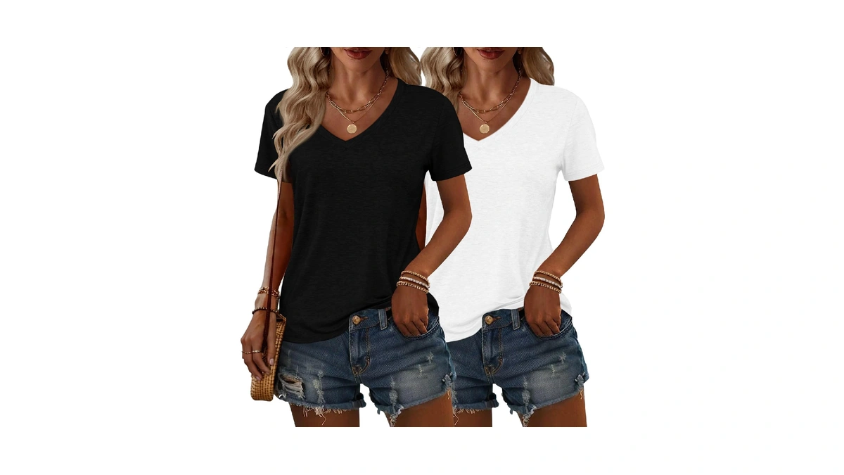 2 Pack Womens Summer Tops V Neck Short Sleeve T