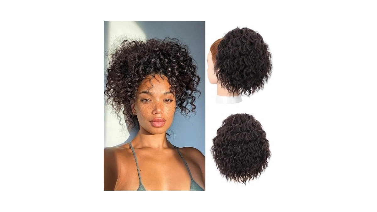 Freemeige Ponytail Extension, 8" Wavy Curly Drawstring Ponytail For Black