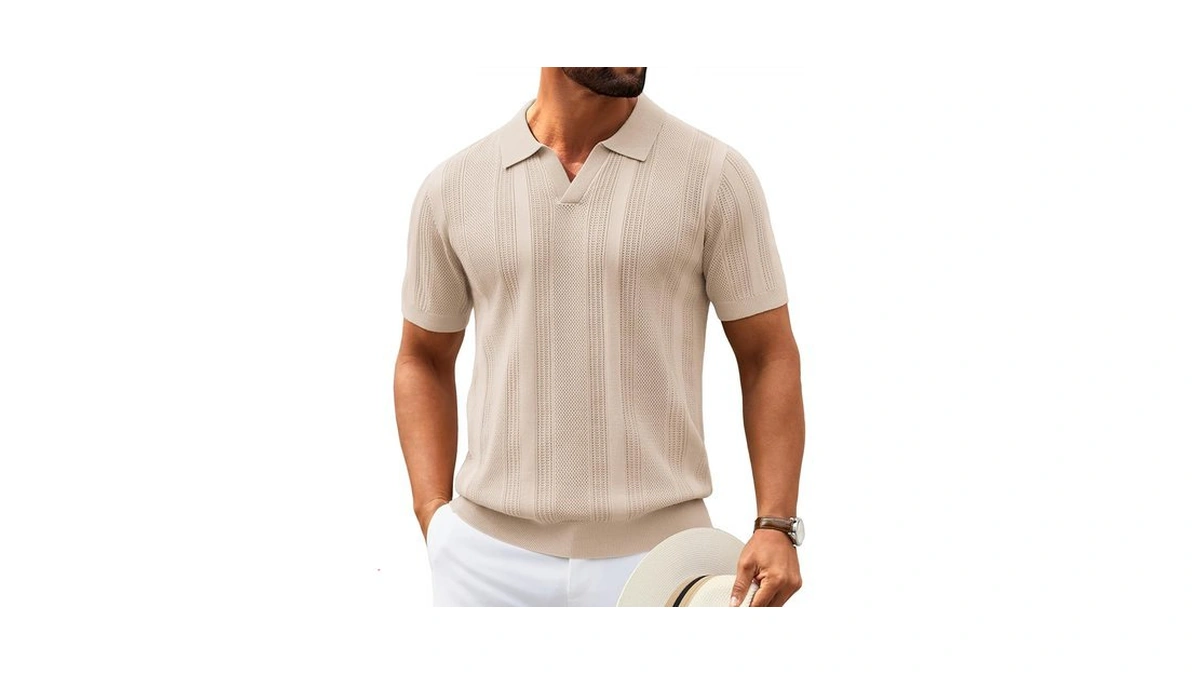 Coofandy Mens Knit Polo Shirts Short Sleeve Vintage V Neck