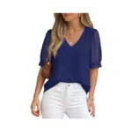 Prettygarden Womens Tops Dressy Casual Puff Sleeve Chiffon Blouses V
