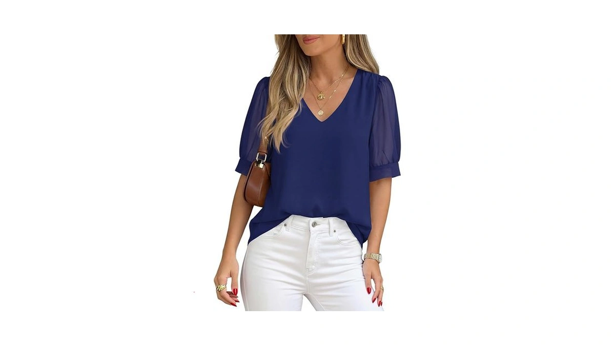 Prettygarden Womens Tops Dressy Casual Puff Sleeve Chiffon Blouses V