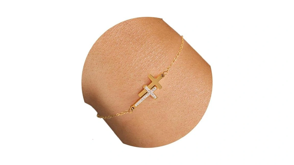 Baylay 18k Gold Plated Diamond Horizontal Double Cross Bracelet For