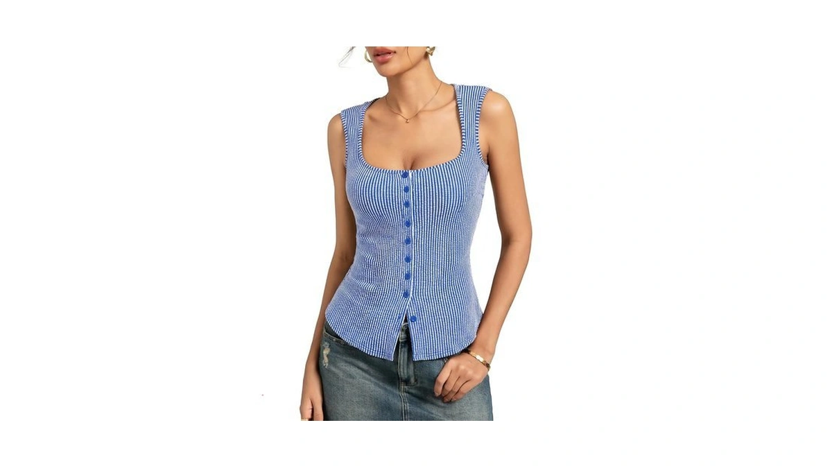 Kate Kasin Navy Blue Ribbed Knit Tank Tops For Women,