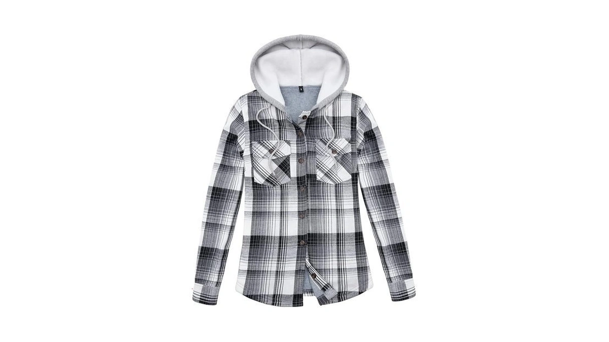 Womens Fleece Hooded Flannel Shirts Plaid Button Down Flannel Shirt