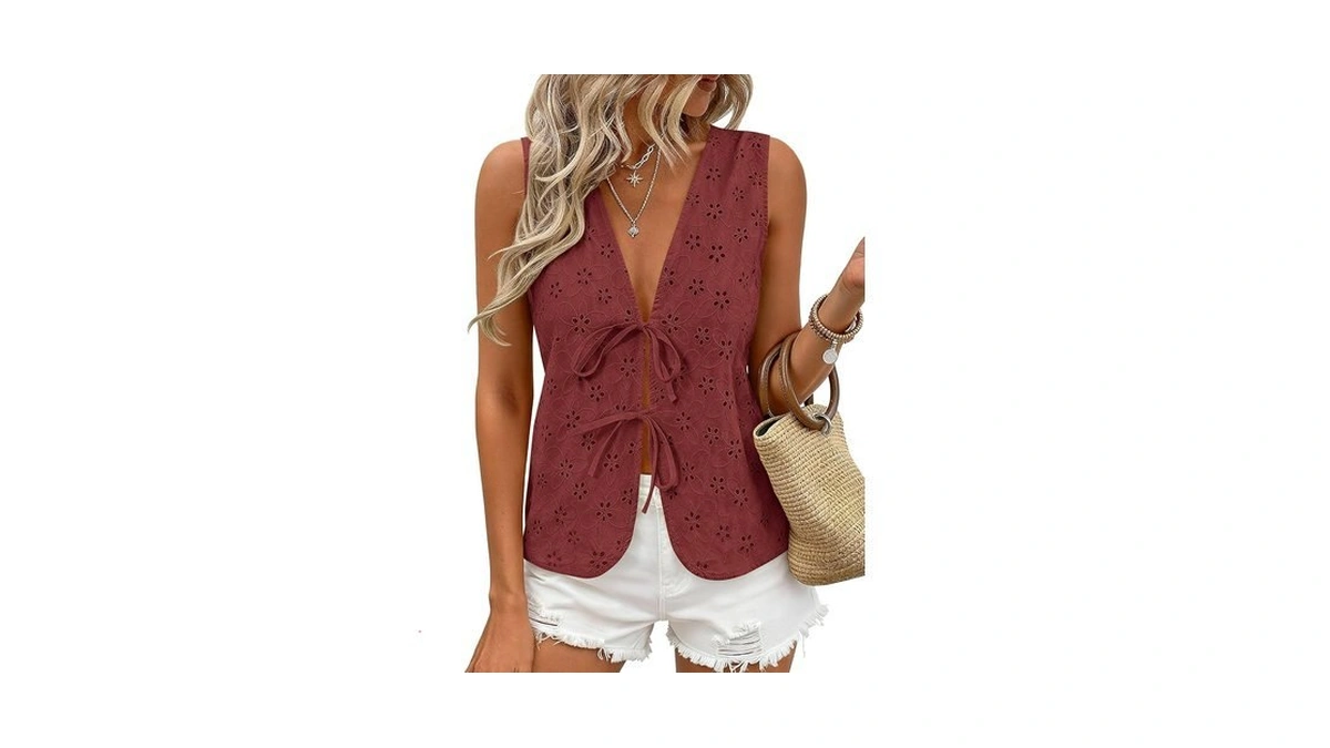 Prettygarden Women 2026 Summer Tie Front Eyelet Tank Tops Trendy