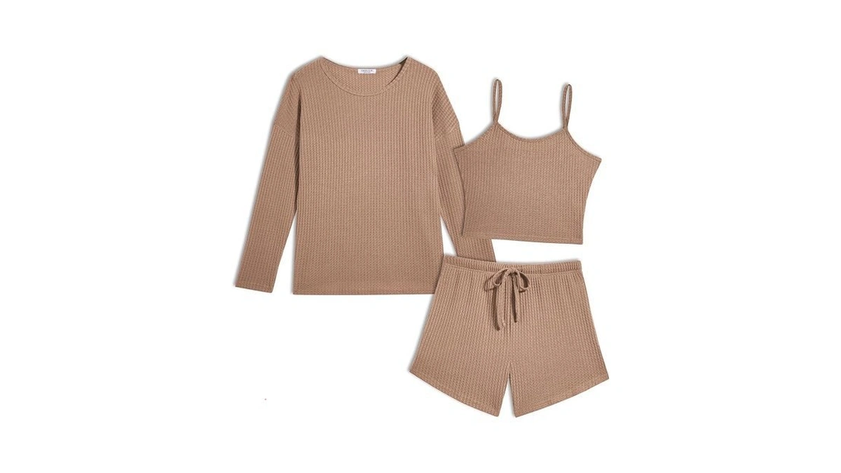 Ekouaer 3 Piece Waffle Knit Lounge Set For Women, Long