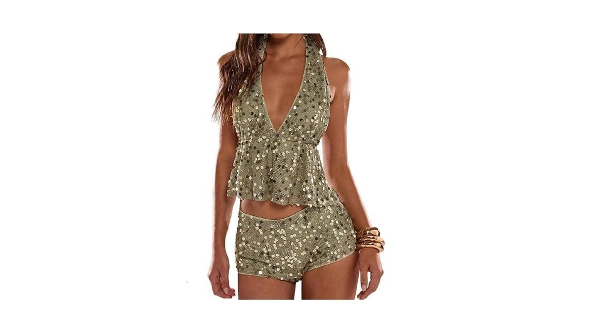 Shenhe Women's Sequin Halter Top Open Back Deep V Low