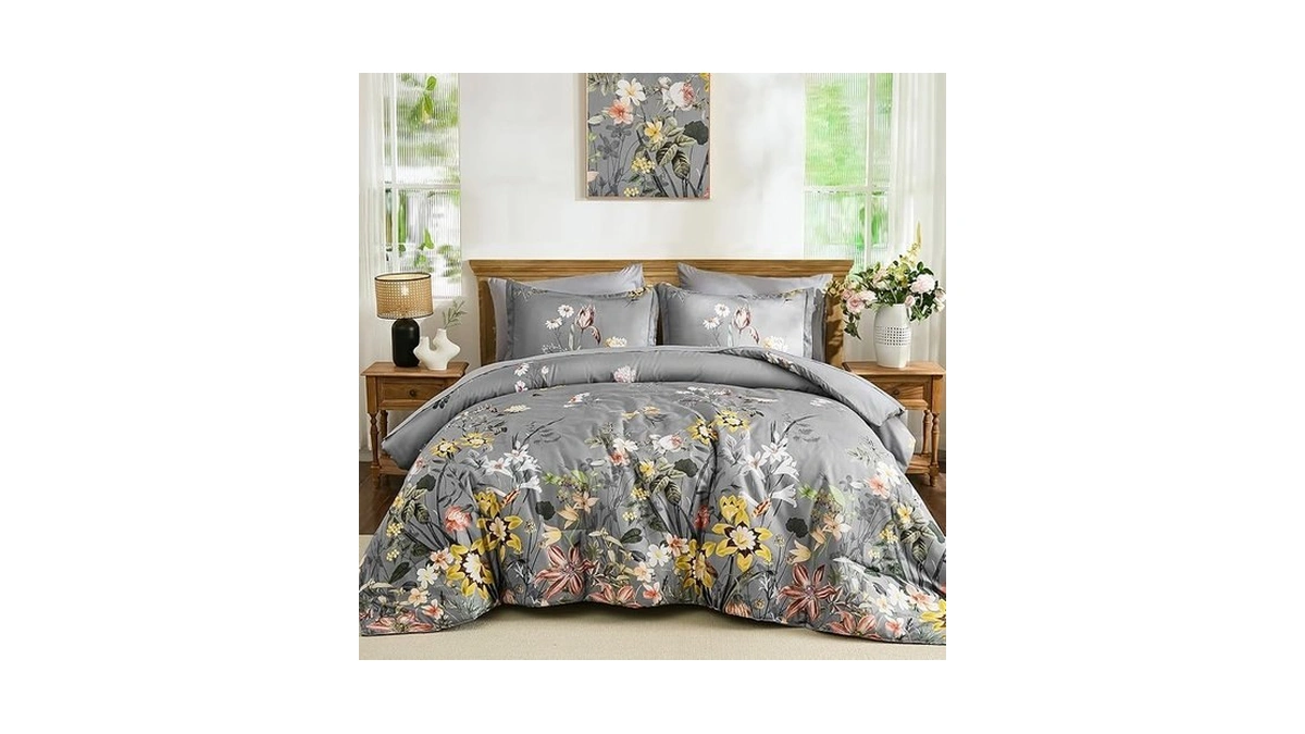 Wongs Bedding Queen Comforter Set 7 Piece, Grey Floral Bed