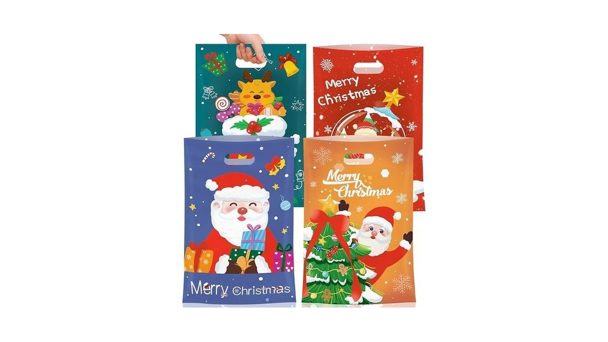 Litmitfu 50 Pcs Christmas Gift Bags With Handles, Plastic Merry
