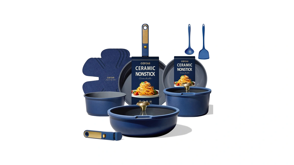 Carote Blue&gold Ceramic Cookware Set Non Toxic, Pfas Free,15pcs Pots