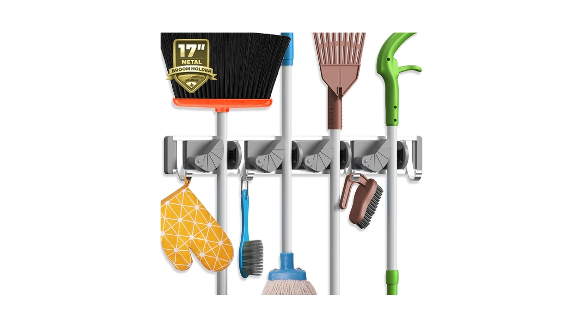 Holikme Mop Broom Holder Wall Mount Metal Pantry Organization And
