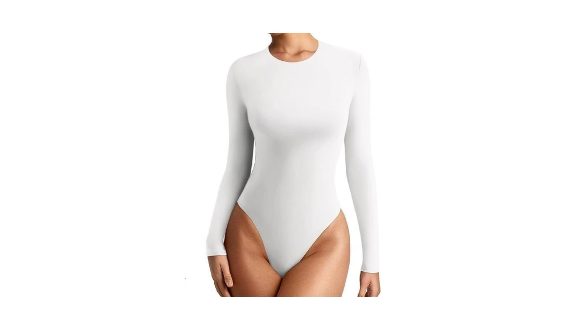 Reoria Women's Long Sleeve Body Suits Crew Neck Slim Double