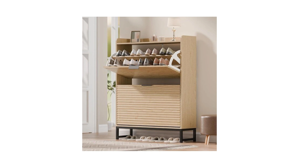 Mu Shoe Storage Cabinet With 2 Flip Drawers, Freestanding Fluted