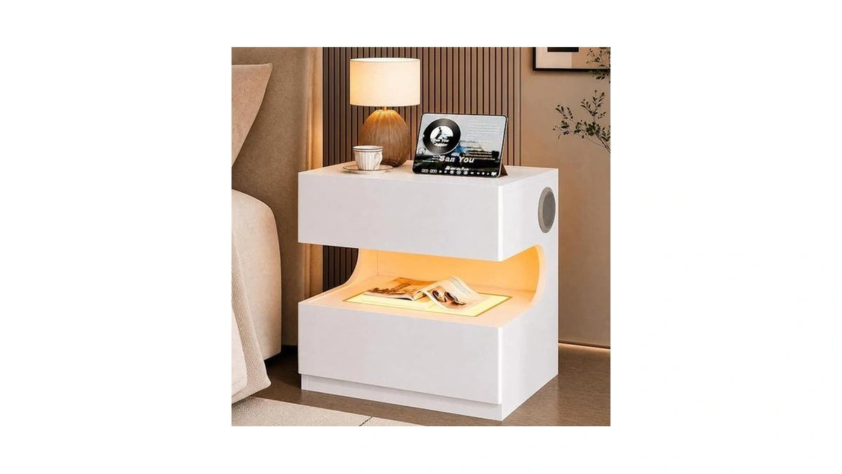 Modern Nightstand With Bluetooth Speaker, Bedside Table With Led And