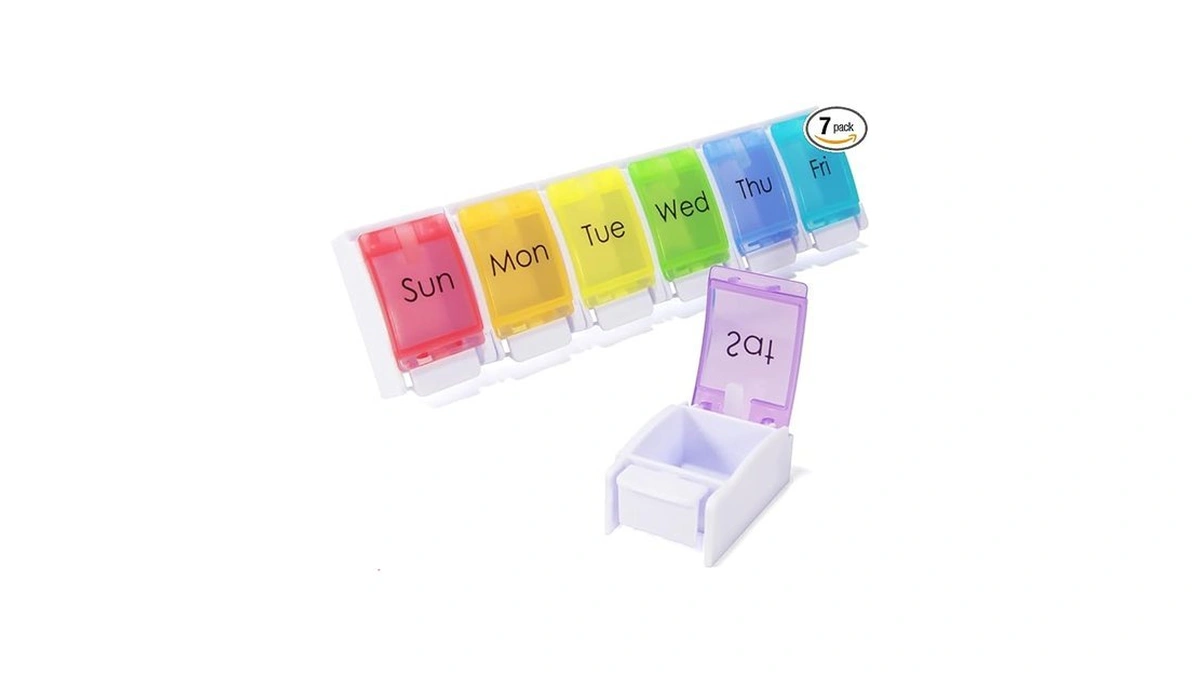 7 Day Pill Organizer, Removable Daily Cases With Rainbow Lids