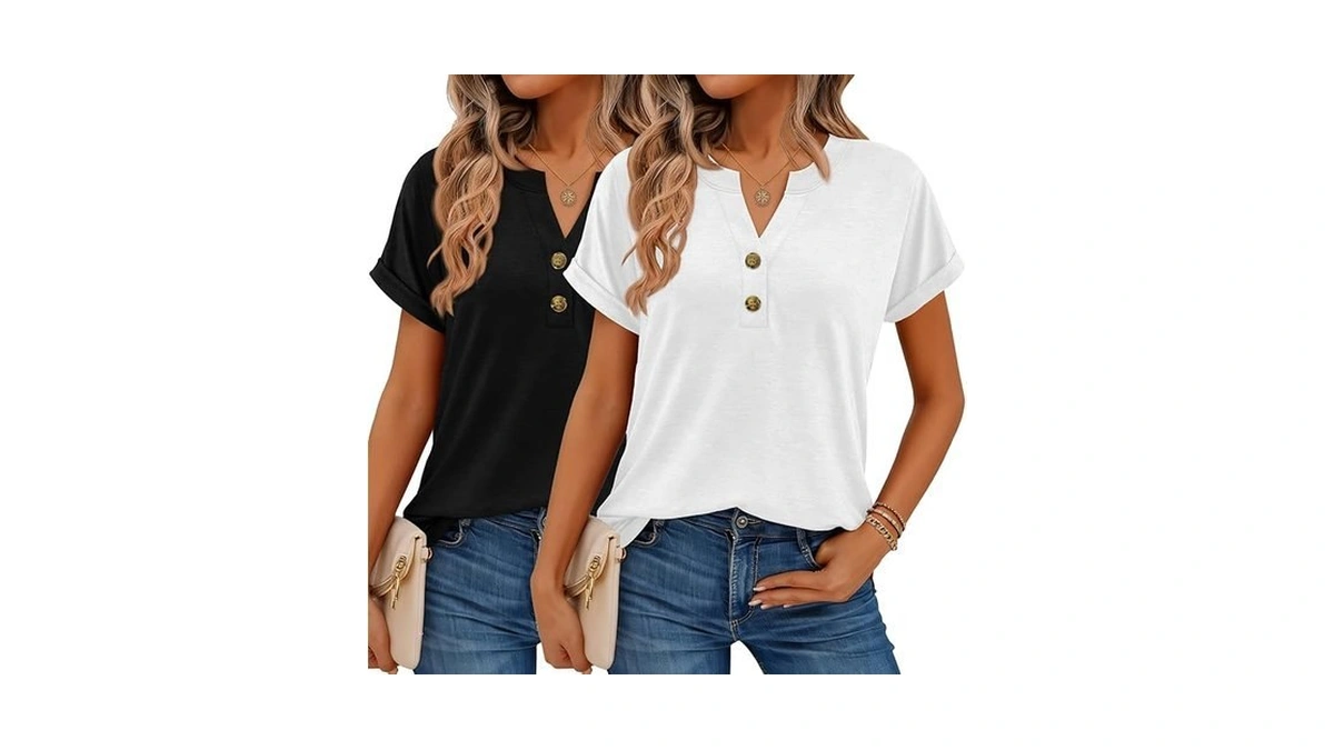Women Tops 2 Pack Shorts Sleeve Shirts V Neck Henley