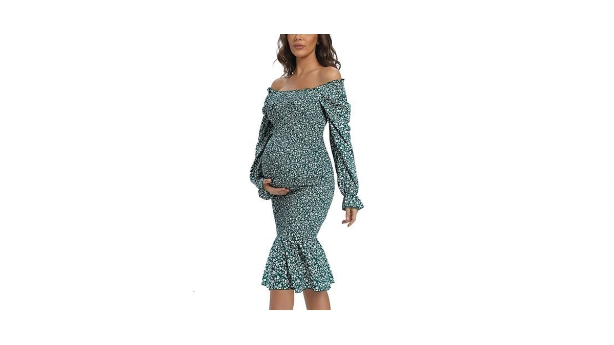 Maternity Spring Floral Midi Bodycon Dresses, Long Puff Sleeve Square