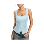 Kate Kasin Light Blue Ribbed Knit Tank Tops For Women,