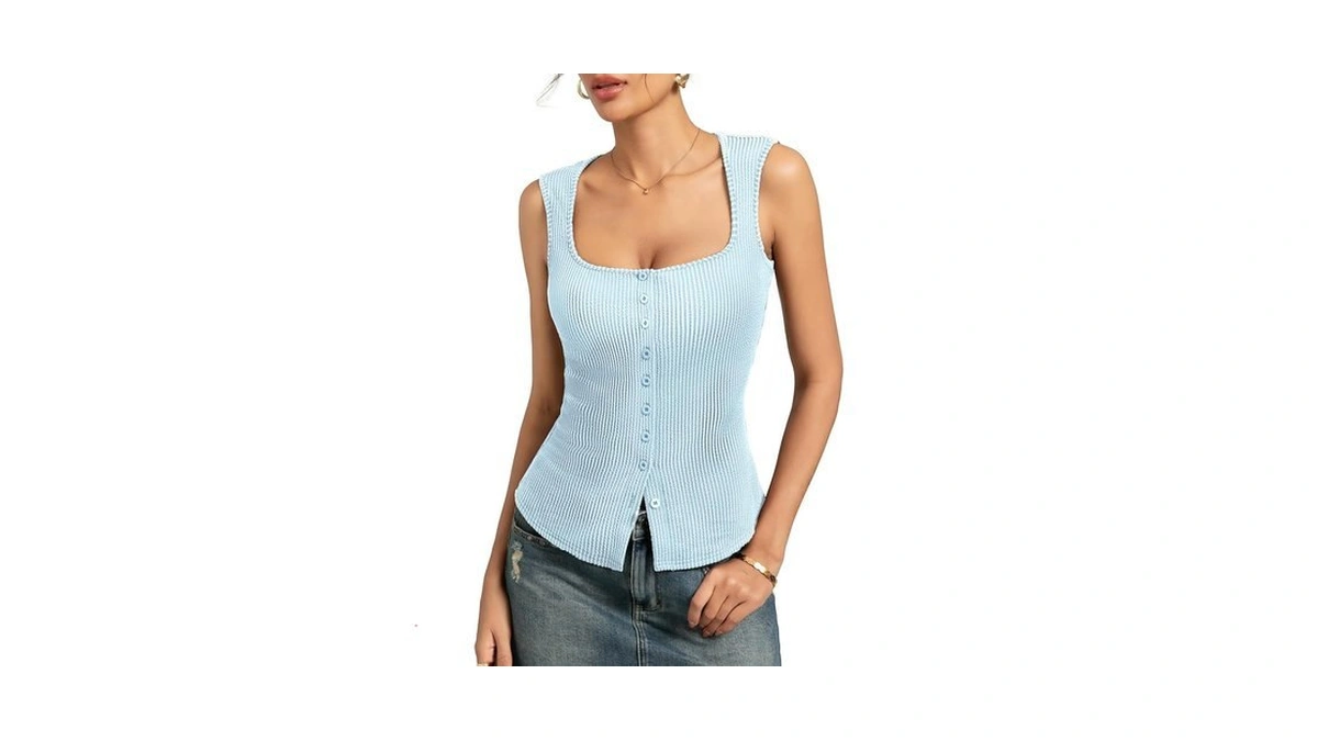 Kate Kasin Light Blue Ribbed Knit Tank Tops For Women,