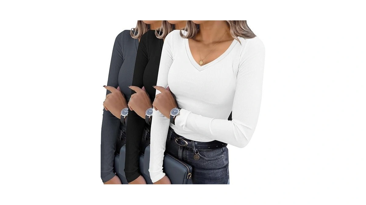 Ekouaer Womens 3 Pack Long Sleeve Shirts V Neck Ribbed