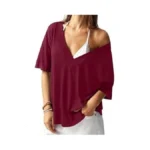 Reoria Women's Trendy Oversized V-neck T Shirt Short Sleeve Off
