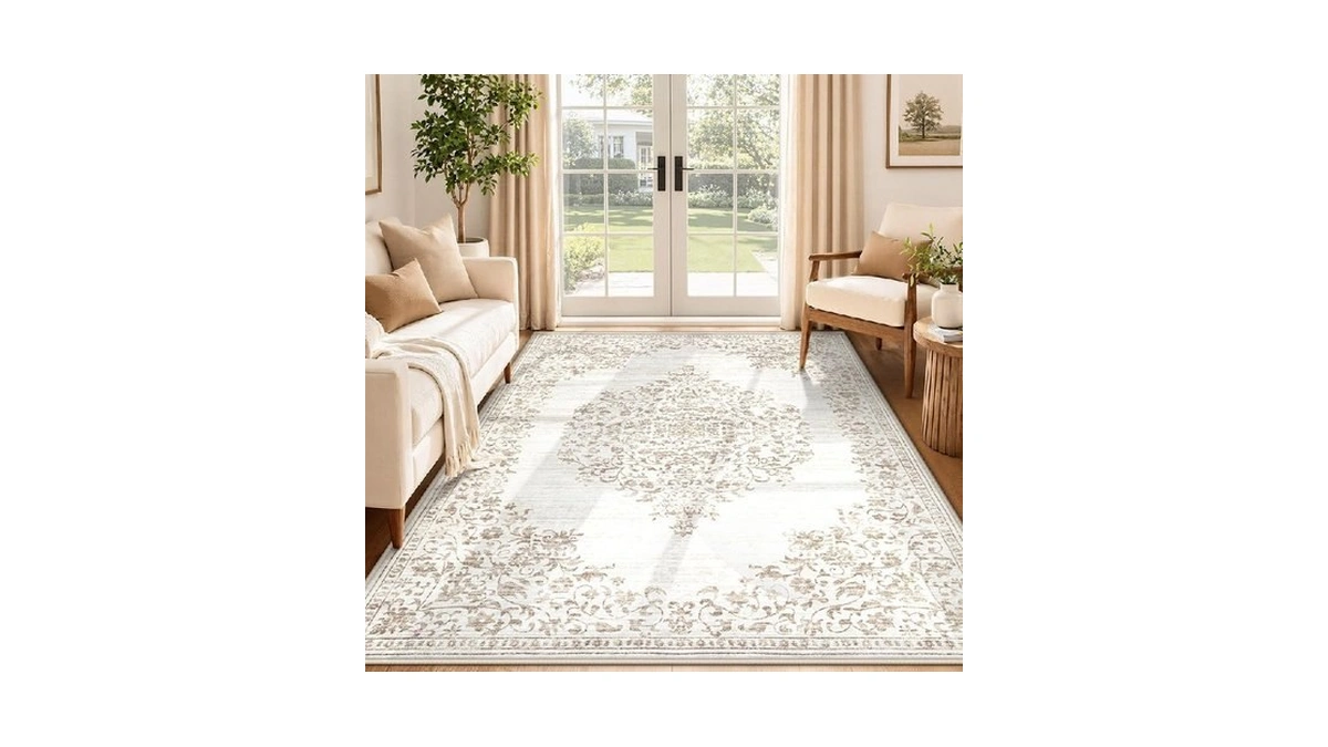 Area Rug 5x7 Vintage Rug: Washable Indoor Medallion Rugs Low